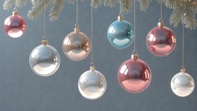 The primary subject of the image is a group of Christmas ornaments hanging from a string. The ornaments are colorful and include a mix of pink, blue, and white colors. The setting is a room with a gray background, which provides a neutral and elegant backdrop for the ornaments. The visual style of the image is a close-up of the ornaments, showcasing their details and colors. The overall atmosphere of the image is festive and joyful, as it captures the essence of the holiday